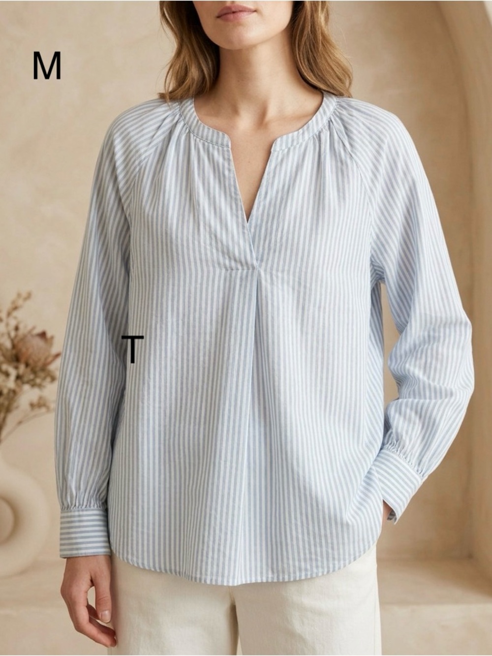 Women's Light Blue Striped Split-Neck Blouse